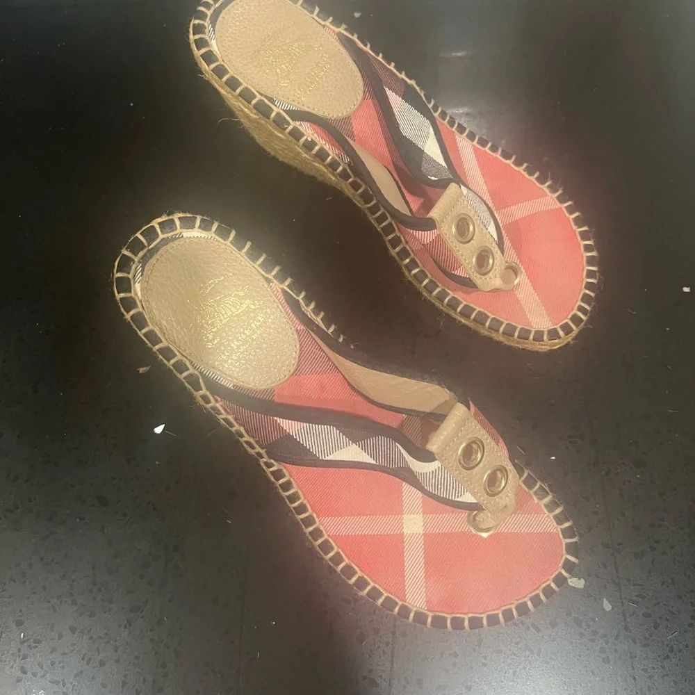 Burberry Red and Black Plaid Wedge Sandals - Picture 6 of 6